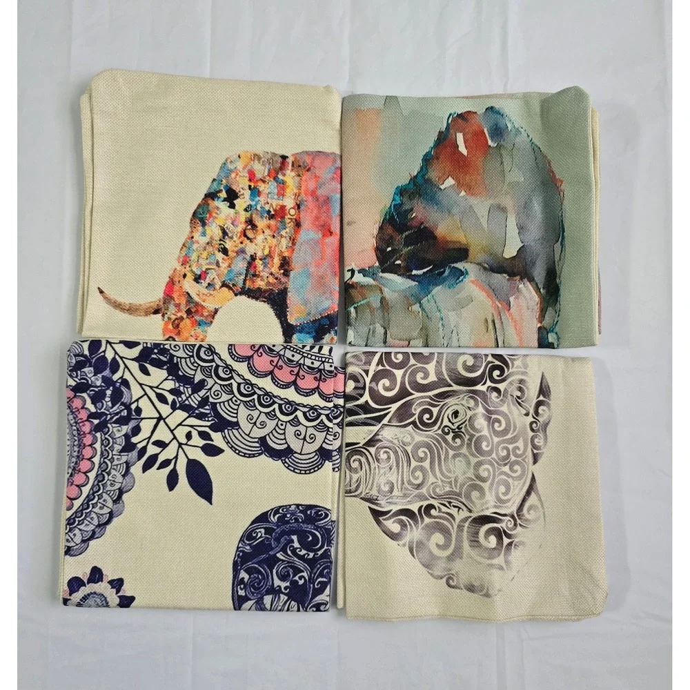 Set of 4 Elephant Throw Pillow Covers 18x18 Watercolor Mandala Boho Linen Blend
